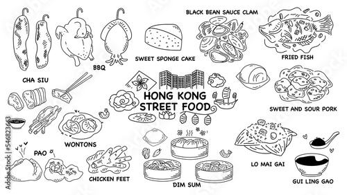 Hand-drawn doodle line art of Hong Kong Traditional Street food icon set. cute black and white isolated on white background minimal style.