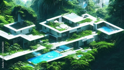 Forest landscape and white modern house. A modern white house with a swimming pool in a tropical forest in the mountains. Fantasy landscape, forest, sunlight, recreation area. © MiaStendal
