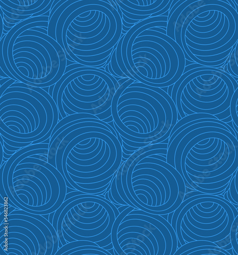 Seamless blue vector pattern of swirls and abstract shapes drawn with thin lines. Vector seamless texture in blue color waves or flow.