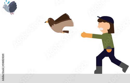 鷹匠　害鳥駆除を鷹を使って行っているイメージのイラスト