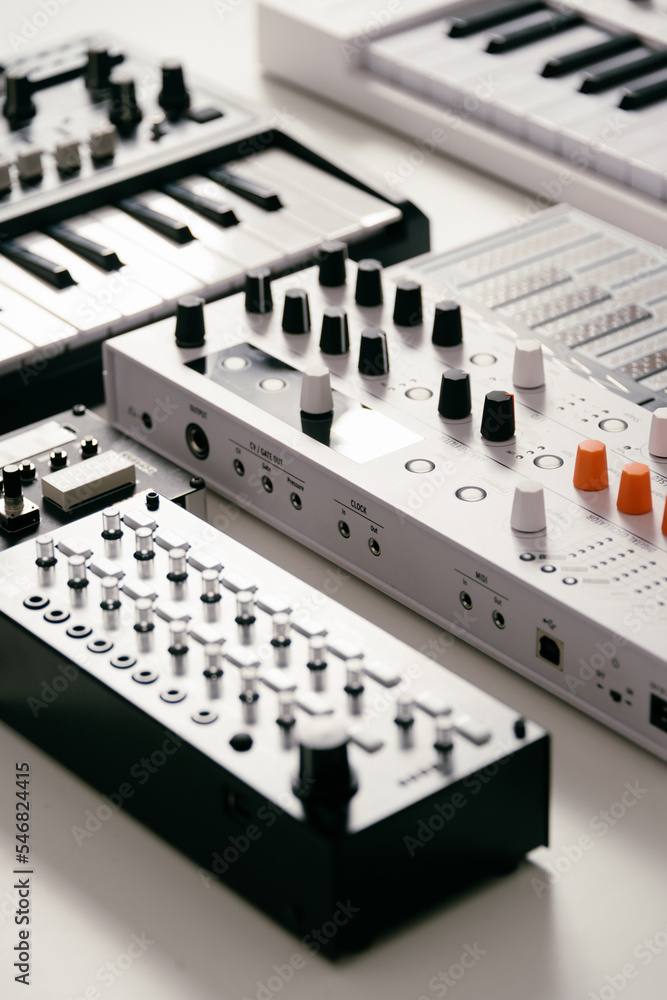 Synthesizers keyboards on white background