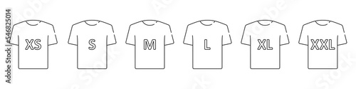 Man or woman Shirt. T-shirt Size Icon Set. Clothing Size Label or Tag Pictogram. Size From XS to XXL. Editable Stroke. Vector Isolated Illustration