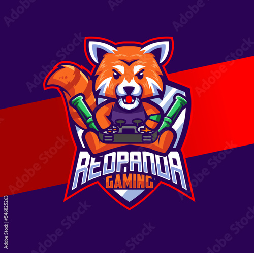 red panda cute mascot character esport logo design with game stick for gaming logo