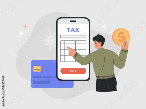 Man with big coin in hand filling tax form on smartphone screen. Online paying taxes on phone with credit card. Hand drawn vector illustration isolated on background, modern flat cartoon style