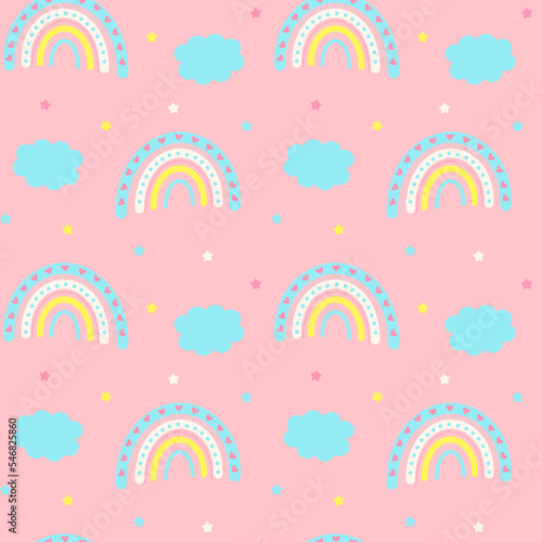 Seamless pattern with cute magic rainbow, clouds and stars on pink background. Design for textiles, texture, fabrics, wallpaper, packaging, wrapping paper.
