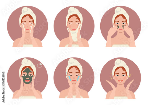 Women making skin care step-by-step. Lady takes care of her face using beauty products. Vector flat cartoon minimalistic illustration. 
