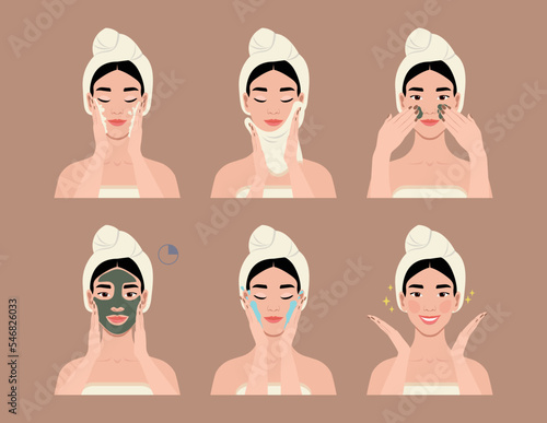 Beautiful Asian woman making skin care. Clay mask applying guide. Vector illustration for product packaging, article, or social media.   