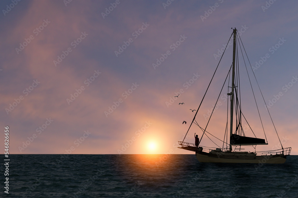Silhouette of sailing boat in the morning sea with birds flying in the air, woman waving at the bow of the boat as the sun rises.