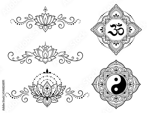 Set of Eastern ethnic religious symbols. Mandala with OM mantra, Yin Yang, Lotus flower. Decorative pattern for henna, mehndi, tattoos, room decoration. Outline doodle vector illustration.