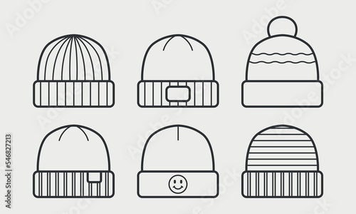 Wool beanie caps line icon set. Winter knitted hats.  Vector illustration