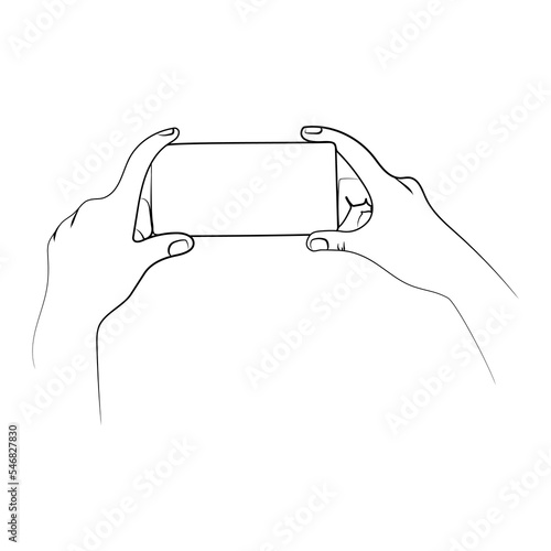 Hands hold phone or smartphone with blank screen sketch drawing in liner style vector illustration on white background.Smartphone in horizontal position in two hands Minimalist design
