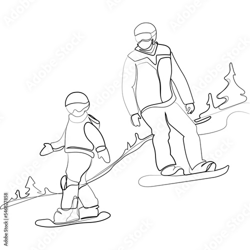 Man snowboarder with a child riding on a mountain slope on snowboards simple line drawing sketch vector illustration.Father and son ride in the mountains.Winter holidays,extreme sports