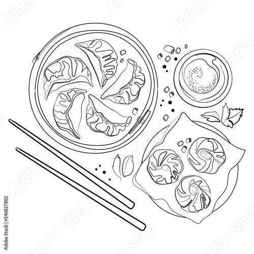 Asian food Dim Sum and Gyoza in bamboo steamer with chopsticks vector sketch illustration Top view.Chinese traditional food.Asian dumplings liner hand drawn illustration