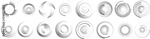 Design elements with circular halftone dots. Vector rotating dotted circles design . Half tones collection . Concentric circles for posters, social media, promotion, flyer, covers .Dotted frames