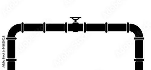 Water, oil or gas pipeline with fittings and valves. Pipeline and black tap, open, close. Globe valve icon or pictogram. Vector pipe fitting symbol. Wastewater or Waste water logo. Distribution.
