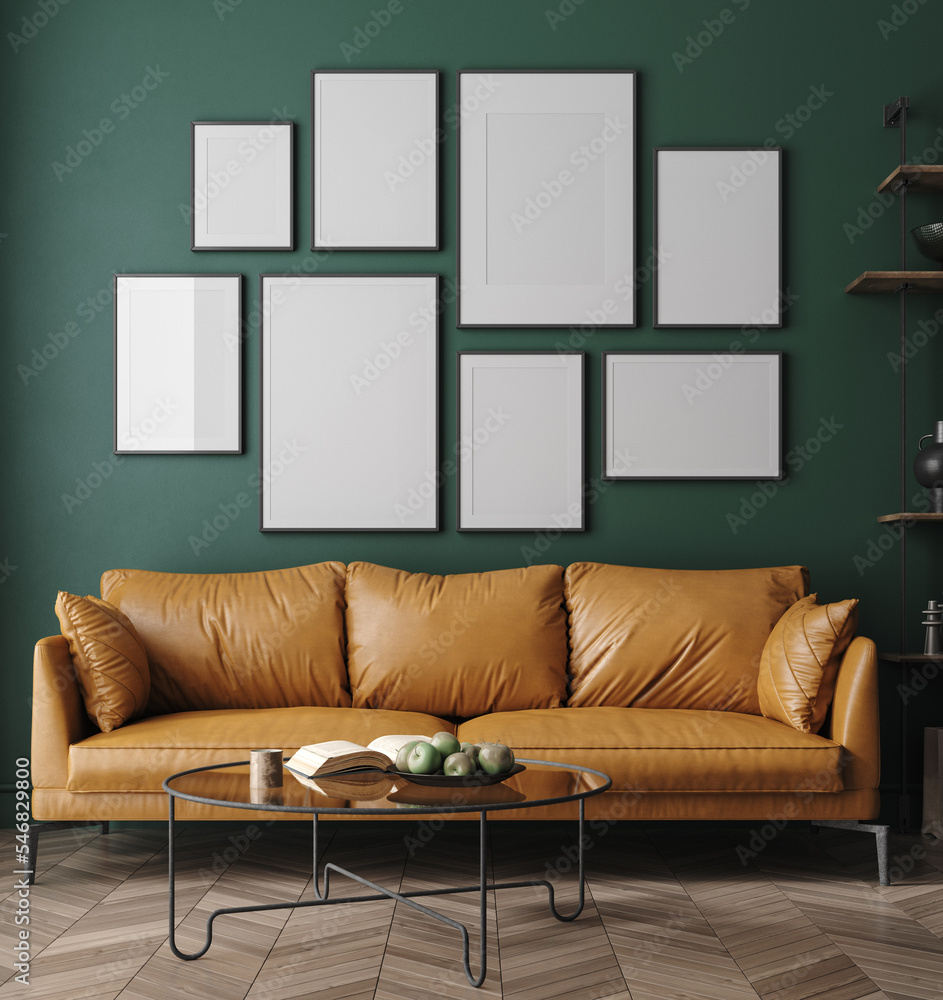Mock-up frame in dark green home interior, 3d render - obrazy, fototapety, plakaty 