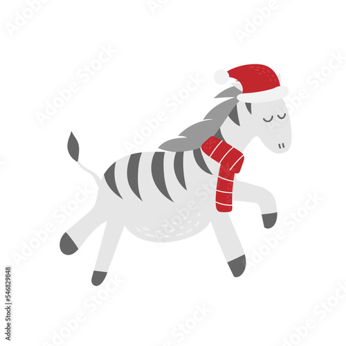 Cute and funny zebra horse wearing Santa hat for Christmas and smiling - vector. Hand drawn style zebra on white