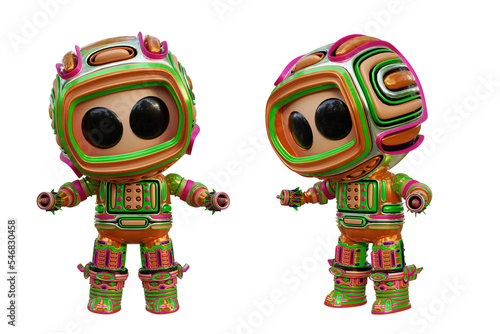 3D RENDERING PNG ILLUSTRATION. CUTE DESIGN ROBOT CYBORG ANDROID CHARACTER ISOLATED WHITE BACKGROUND. SPACEMAN ASTRONAUT CARTOON METAL PLASTIC AI MACHINE TECHNOLOGY GAME MODEL FIGURE ART TOY.