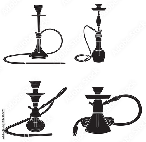 Set of Black silhouette  of Turkish hookah in isolate on white background.Vector illustration.
