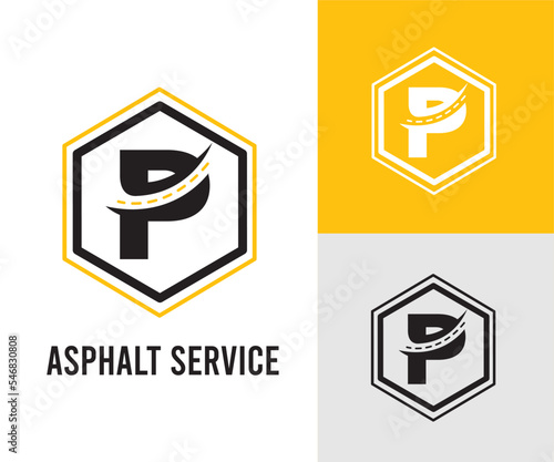 Initial P Letter with asphalt and paving symbol for asphalt logo and transport business design template
