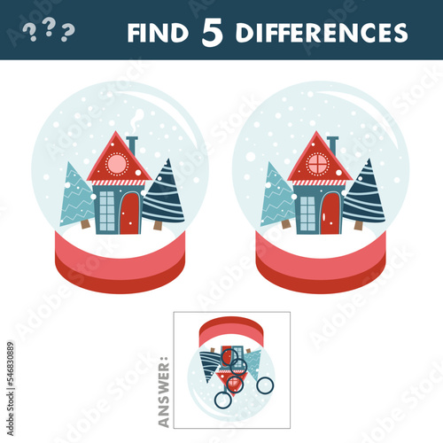 Kids game find differences. Merry christmas snow globe with a small house and fir-tree under the snow. Educational leisure activity with answer