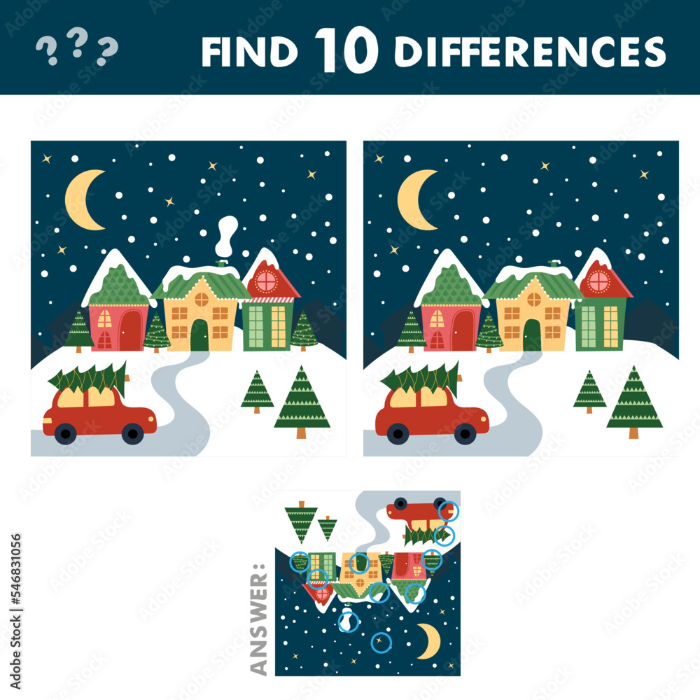Kids game find ten differences. Vector cartoon Christmas houses and car. Educational children riddle leisure activity with answer