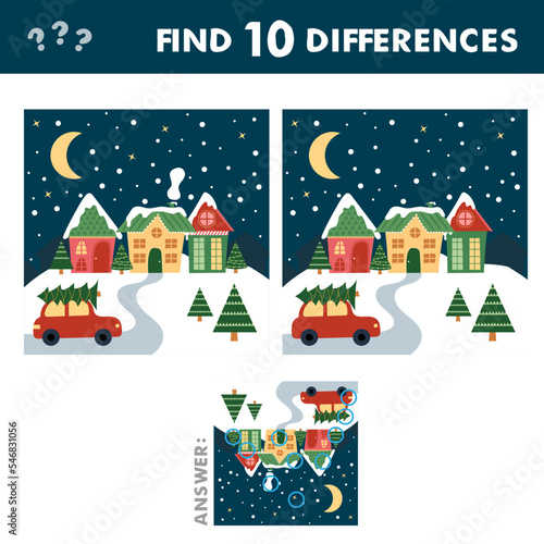 Kids game find ten differences. Vector cartoon Christmas houses and car. Educational children riddle leisure activity with answer