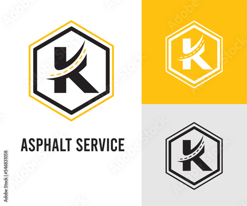 Initial K Letter with asphalt and paving symbol for asphalt logo and transport business design template