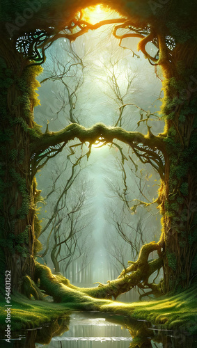 An old enchanted magical bridge over a river covered with ivy leaves over a river framed by trees and branches in the forest with sunlight in the foliage from behind - Book cover, fantasy, fairy tale 