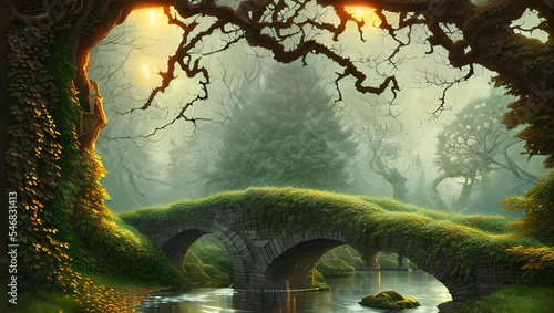 An old enchanted magical bridge covered with ivy leaves over a river framed by trees and branches in the forest with sunlight in the foliage from behind - Book cover - fantasy - fairy tale 