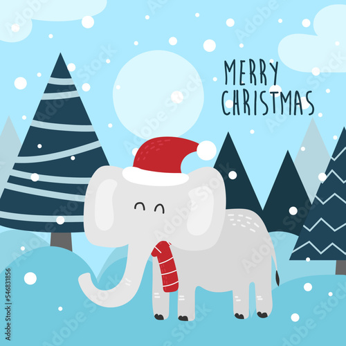 Funny cartoon elephant in Santa hat on his head. Christmas card. Cartoon character in winter forest with snow, greeting design