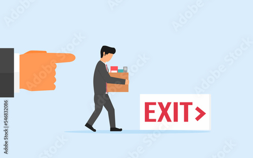a worker is fired from his job. mass layoffs caused by economic recession. staff cuts. reduction of workforce for the sake of company effectiveness