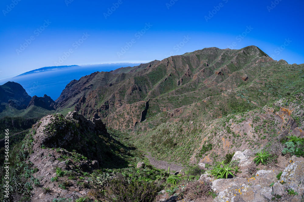 View of the Teno massif (Macizo de Teno), is one of three volcanic formations that gave rise to Tenerife, Canary Islands, Spain. View from the viewpoint - 