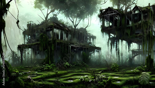 rotten / decayed house, overgrown with vegetation and hanging vines in a post-apocalyptic tropical forest landscape, hazy and misty atmosphere - painted - concept art 