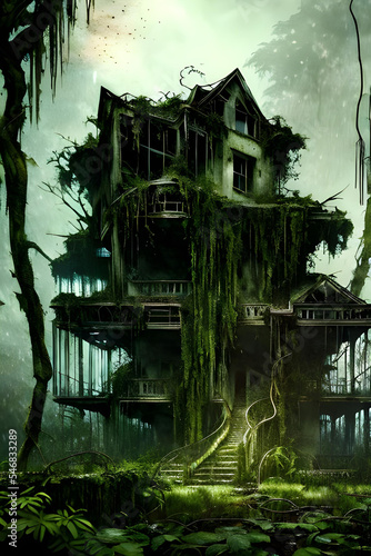 rotten / decayed house, overgrown with vegetation and hanging vines in a post-apocalyptic tropical forest landscape, hazy and misty atmosphere - painted - concept art 