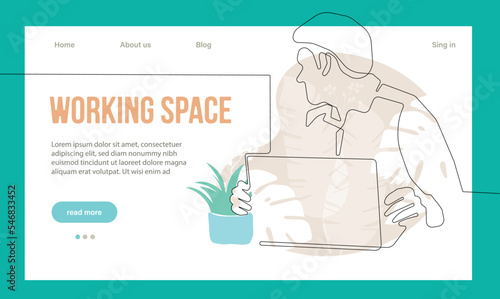 Coworking Space Landing Page Cartoon Template. Freelancers Team Working Online on Laptop. Business People Sharing Open Workspace. Outline Vector Illustration