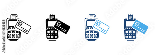 Payment Terminal and Credit Card Line and Silhouette Icon Set. POS Contactless Transaction Pictogram. Wireless Money Pay Symbol Collection on White Background. Isolated Vector Illustration