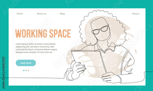Coworking Space Landing Page Cartoon Template. Freelancers Team Working Online on Laptop. Business People Sharing Open Workspace. Outline Vector Illustration