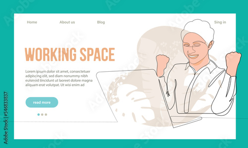 Coworking Space Landing Page Cartoon Template. Freelancers Team Working Online on Laptop. Business People Sharing Open Workspace. Outline Vector Illustration