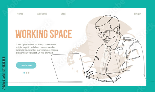 Coworking Space Landing Page Cartoon Template. Freelancers Team Working Online on Laptop. Business People Sharing Open Workspace. Outline Vector Illustration