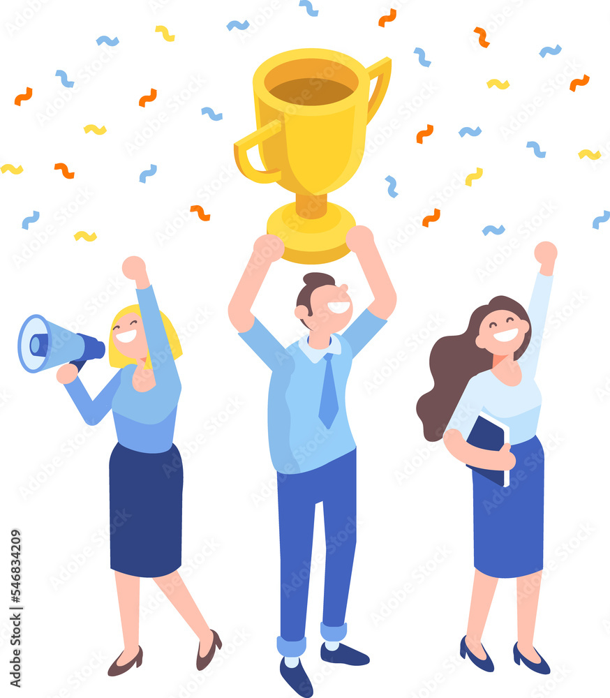 Team Success and victory. Golden cup isometric illustration Team Success and victory. Golden cup isometric illustration