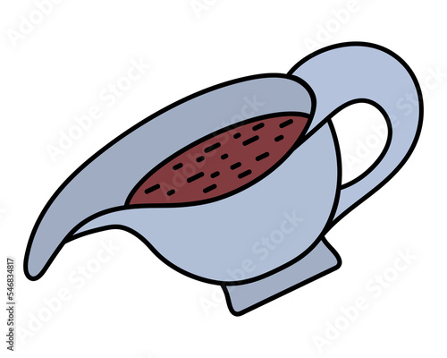 Sauce bowl. Color vector illustration. Isolated background. Cartoon style. A traditional gravy for a hot dinner. Ceramic mug for filling. Syrup container with spout. Dishes with sauce inside. 