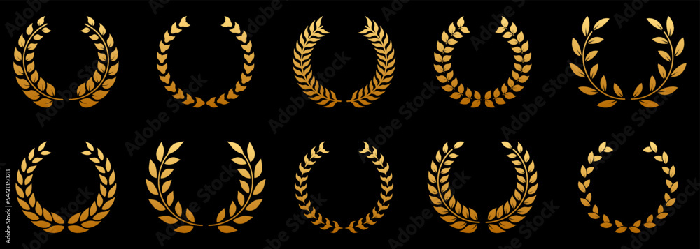 Gold Laurel Wreath Silhouette Icon Set. Golden Round Olive Leaves Branch. Success Circle Reward Pictogram. Chaplet Award Best Champion Symbol. Victory Vintage Emblem. Isolated Vector Illustration