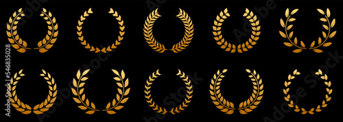 Gold Laurel Wreath Silhouette Icon Set. Golden Round Olive Leaves Branch. Success Circle Reward Pictogram. Chaplet Award Best Champion Symbol. Victory Vintage Emblem. Isolated Vector Illustration