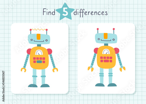 Find differences mini game for kids with cute robot. Funny game with cartoon robot for baby.