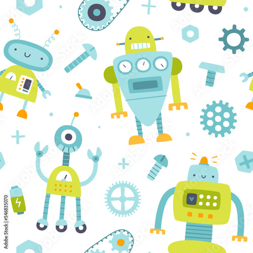Cute pattern with robots for kids. Seamless naive vector print for baby textile and fabric.