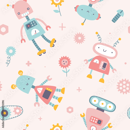 Cute girly pattern with pink robots. Seamless vector print for baby girl textile and fabric.