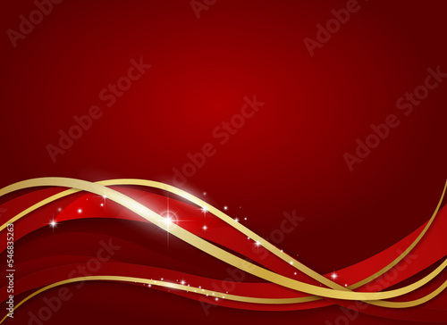Ruban incurvé en or 3d abstrait sur fond or rouge avec effet d'éclairage et éclat avec espace de copie pour le texte. Style de conception de luxe.