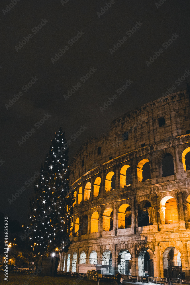 Árbol de navidad delante del Coliseo de Roma
