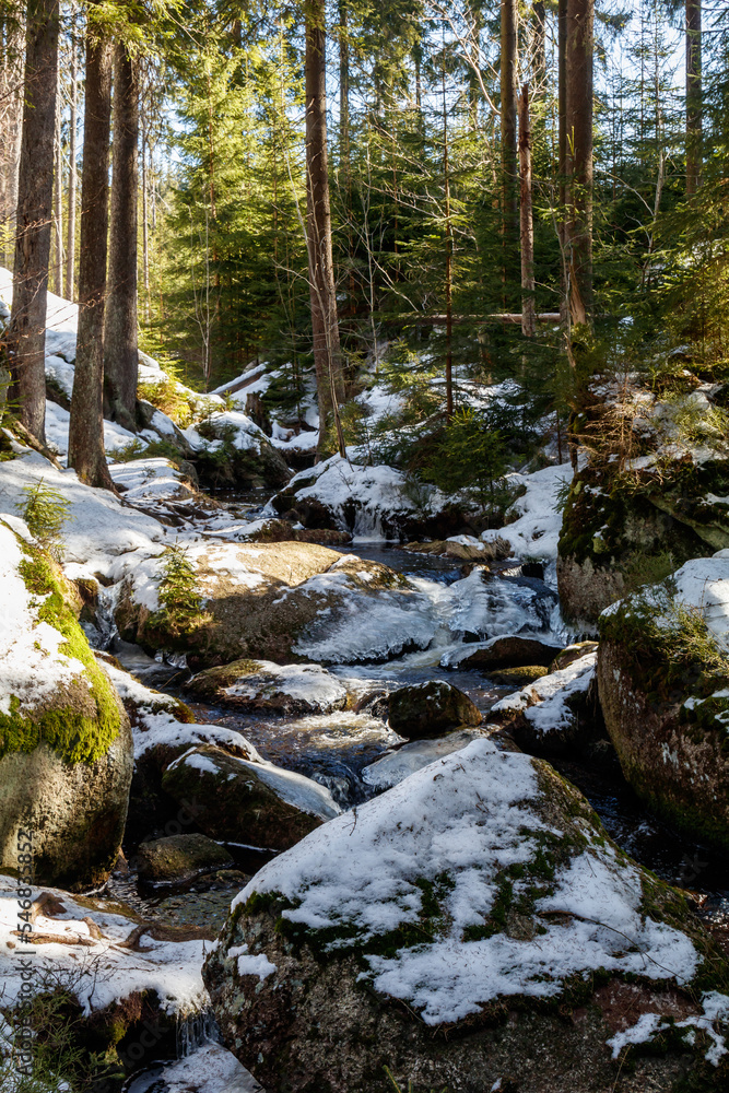 Winterlicher Gebirgsbach im Wald, Weisser Main, Ochsenkopf Winterlicher Gebirgsbach im Wald, Weisser Main, Ochsenkopf